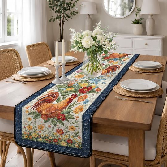 Discover Rustic Rooster Quilted Table Runner, Wildflower Country Kitchen Decor, Fall Harvest Patchwork Quilt Table Runner, Farmhouse Dining Decor
