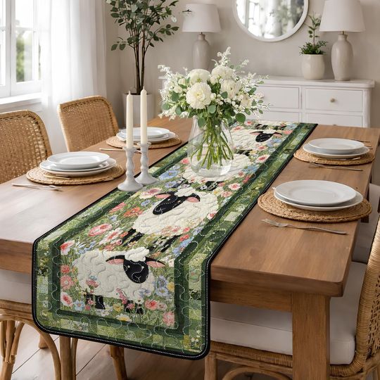 Sheep in Flower Garden Quilted Table Runner, Floral Meadow Farmhouse Decor, Dark Green Country Quilt Runner, Wildflower Patchwork Runner
