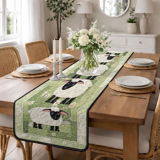 Black and White Sheep Quilted Table Runner, Green Meadow Farmhouse Decor, Cute Animal Country Table Runner, Farm Animal Patchwork Quilt