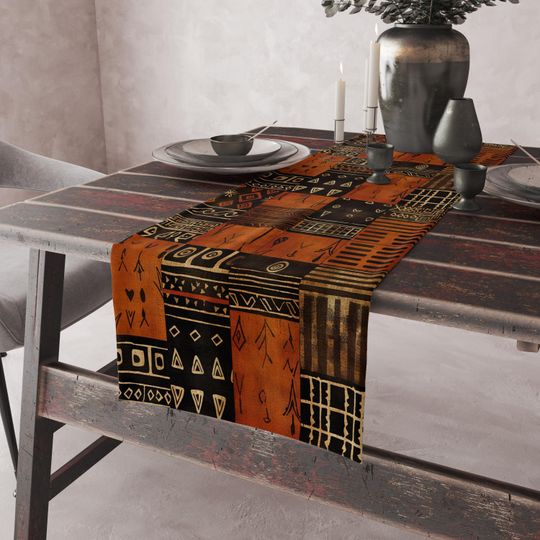 Rustic Tribal Patchwork Runner, Ethnic Tribal Table Decor Runner, African Print Runner,  Rustic Table Runner, Primitive Art Table Runner