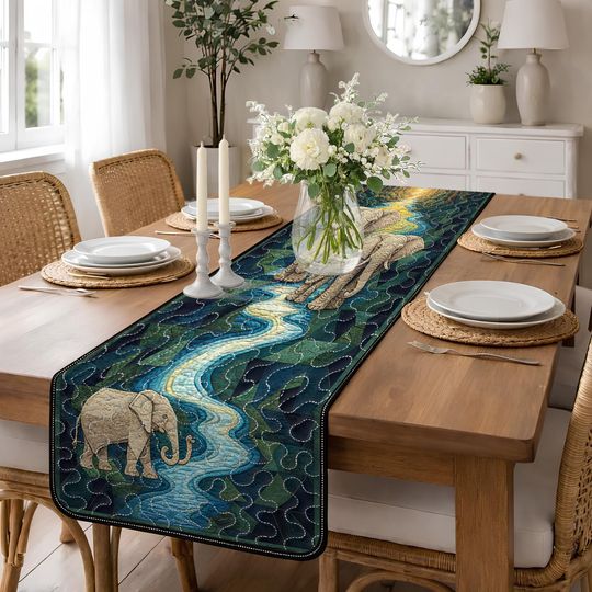 Abstract Elephant River Quilted Table Runner, Geometric Blue and Green Jungle Table Decor, Exotic Wildlife Animal Runner, Patchwork Quilt
