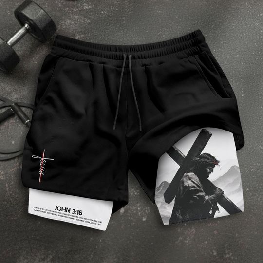 Christian Shorts Men, John 3:16 Jesus Shorts, Christian Bible Verse, Religious Gym Gifts for Him, Men's Gym & Sport Shorts with Pockets