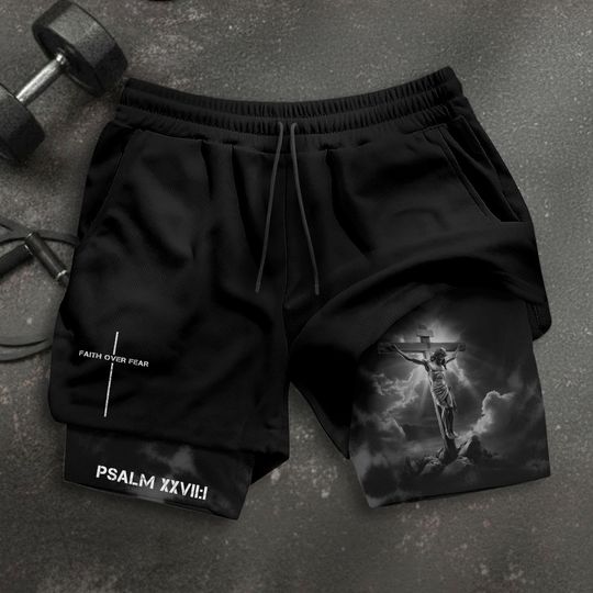 Faith Over Fear Shorts, Christian Athletic Shorts, Bible Verse Apparel, Fall for Jesus, Lion Jesus Gym Gifts for Him