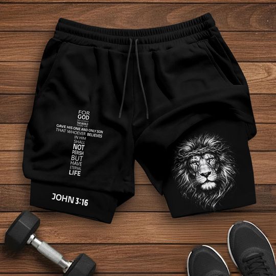 Christian Shorts Men, John 3:16 Jesus Shorts, Christian Bible Verse, Religious Gym Gifts for Him, Men's Gym & Sport Shorts with Pockets