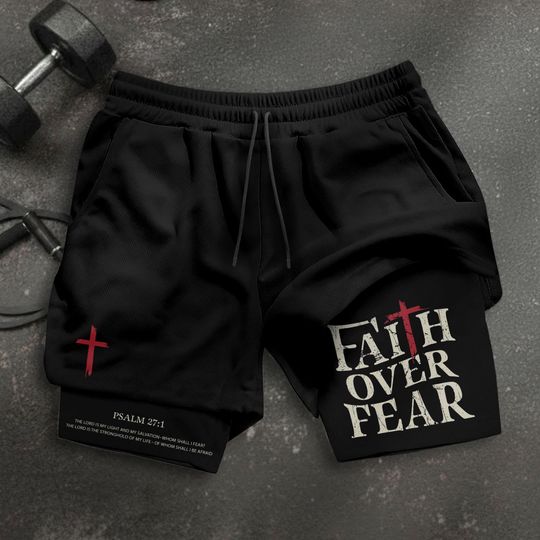 Faith Over Fear Shorts, Cross Short, Men's Gym & Sport Shorts with Pockets, Jesus Short, Christian Shorts For Men, Bible Verse Activewear