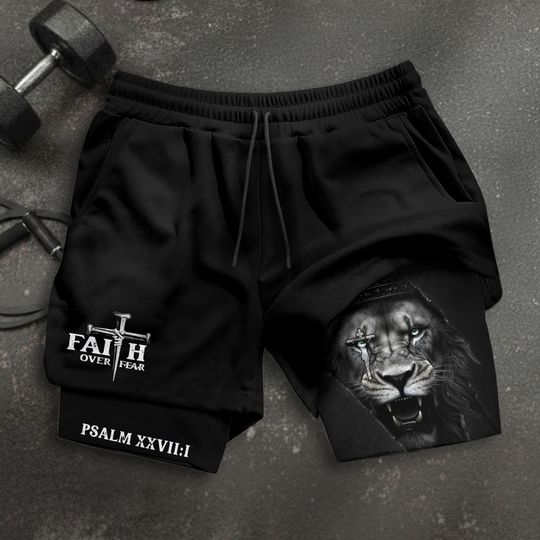 Discover Faith Over Fear Shorts, Christian Shorts Men, Bible Verse Activewear, Religious Gift, Lion Jesus Gym Gifts for Him