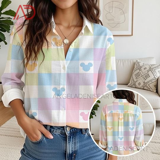 Discover Pastel Mickey Mouse Plaid Shirt, Cute Disney Mickey Button Down Blouse, Vintage Mickey Mouse Checkered Shirt, Colorful Disney Character Top