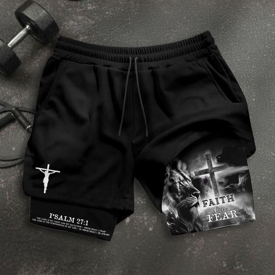 Discover Faith Over Fear Shorts, Christian Shorts For Men, Jesus Short, Cross Short, Men's Gym & Sport Shorts with Pockets, Bible Verse Activewear