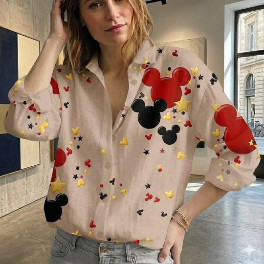 Discover Minimalist Mouse Castle Blouse, Disney Line Art Linen Look Shirt, Magical Vacation Women Top, Aesthetic Mouse Ears Button Up, Disney Gift