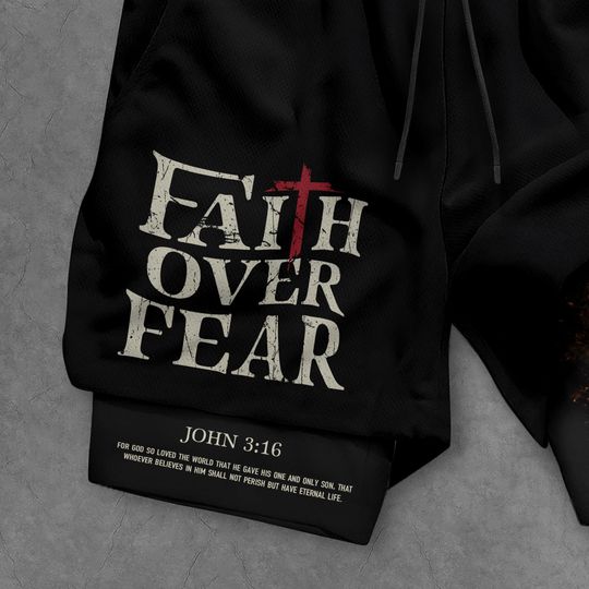 Faith Over Fear Gym Shorts, John 3:16 Christian Bible Verse Short Men, Religious Gym Gifts for Him, Men's Gym & Sport Shorts with Pockets