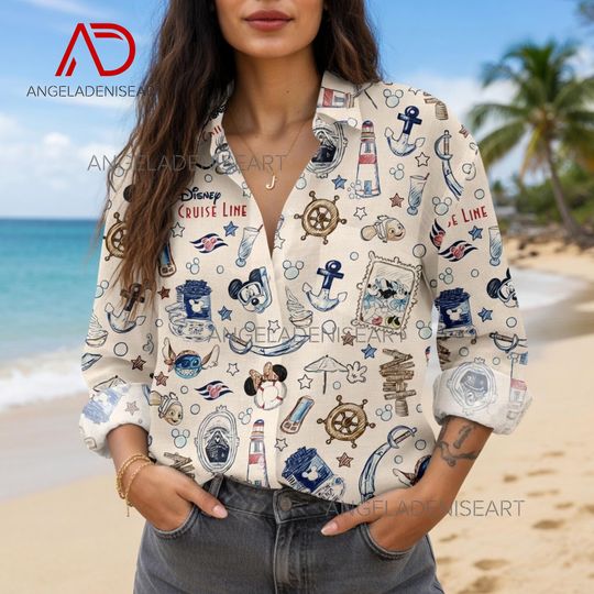 Discover Disney Cruise Line Mickey Women Casual Shirt, Linen Look Nautical Button Down Blouse, Cartoon Vacation Summer Shirt, Holiday Gift