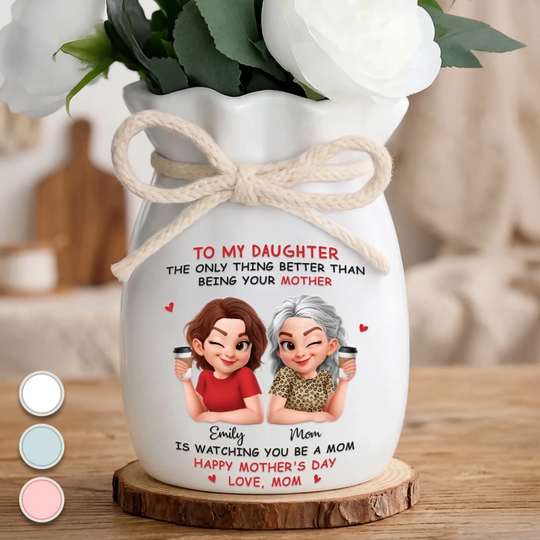 Custom Flower Vase With Ribbon - Personalized Mother's Day Birthday Gifts For Daughter - Daughter Then, Mama Now