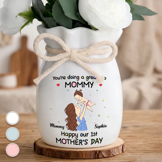 Custom Flower Vase With Ribbon - Personalized Baby Shower, Gender Reveal Gifts For New Moms, Wife, Daughter - Her First Mother’s Day In Bloom