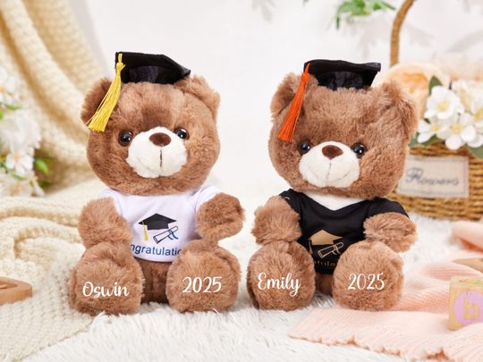 Graduation Teddy Bear with Custom School Name, Plush Bear with Mortarboard, Personalized Graduation Plush Teddy Bear, Graduation Gifts 2025