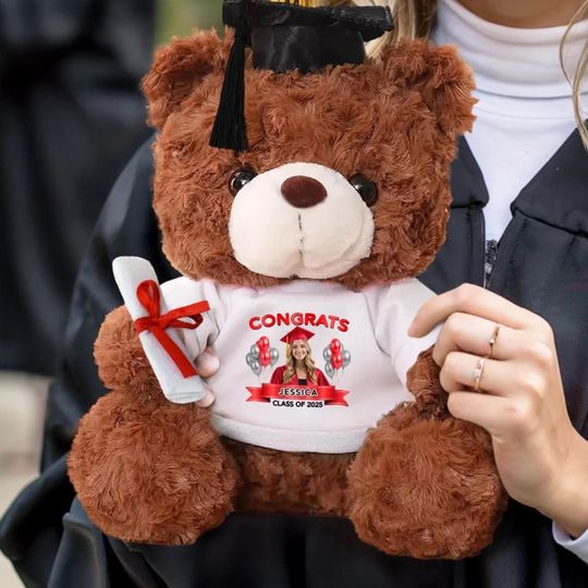 Custom Photo Graduation Teddy Bear, Personalized Congrats Plush Gift, Class of 2026