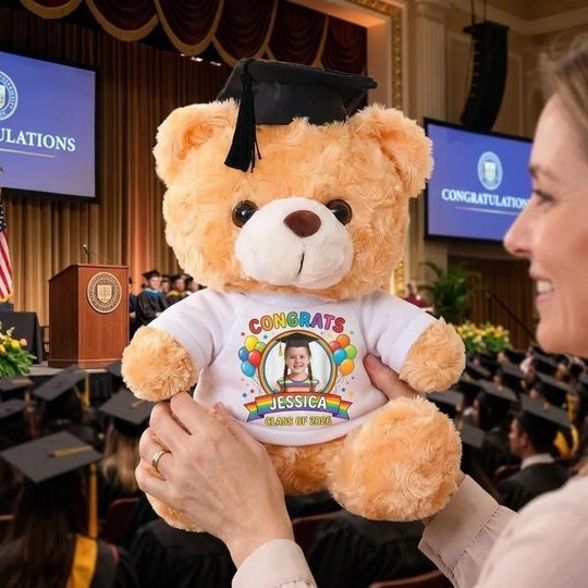 Personalized Pre-K Graduation Bear with Custom Photo, Kindergarten Grad Gift, Class of 2026 Custom Name Plush Toy, Kids Teddy Bear Keepsake