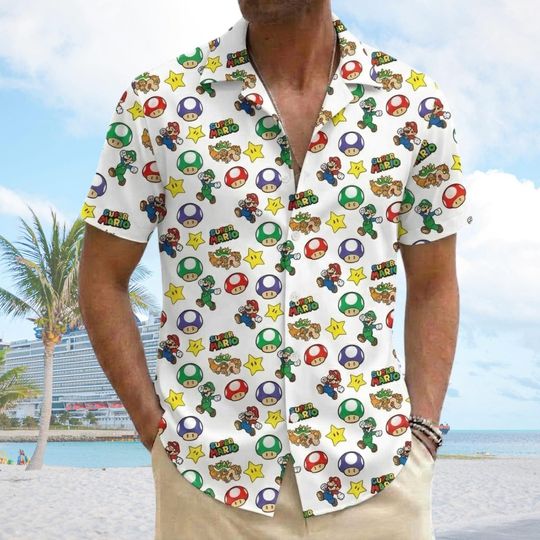 Nintendo Space Adventure Gamer Button Shirt, Mario Space Summer Shirt, Super Mario Galaxy Movie Hawaiian Shirt, Mario Fan Apparel Men Shirt