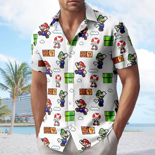Discover Super Mario Galaxy Hawaiian Shirt, Mario Galaxy Button Shirt, Mario Space Shirt, Gamer Shirt, Mario Gamer Summer Shirt, Mario Movie Shirt