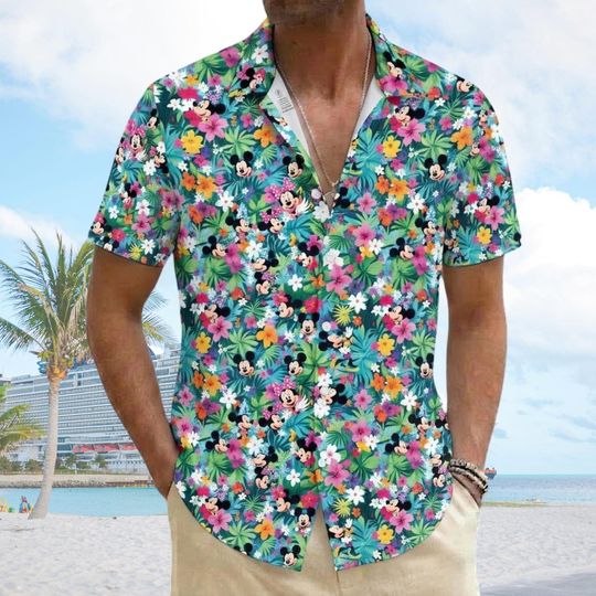 Discover Disney Mickey Minnie Hawaiian Shirt, Mickey and Friends Summer Button Shirt, Disney Beach Shirt, Disney Summer Shirt, Disney Palm Tree Shirt