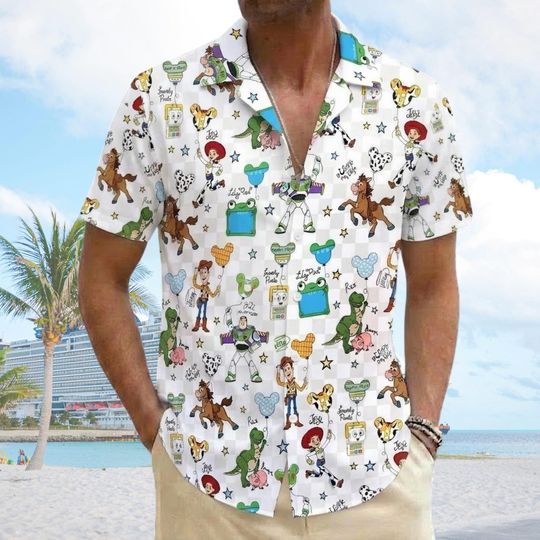 Discover Playful Balloon Print Hawaiian Shirt, Toy Story Woody Buzz Balloon Button Shirt, Pixar Fest Costume, Andy's Room Birthday Gift Men Trip