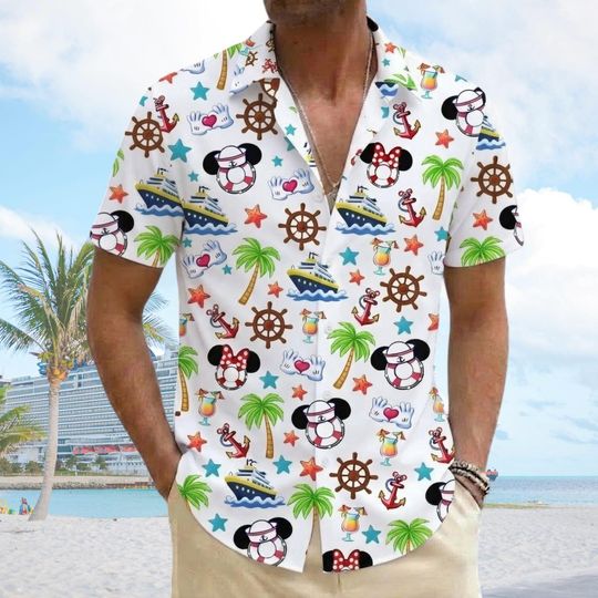 Discover Mickey Minnie Cruise Summer Hawaiian Shirt, Disney Nautical Button Shirt, Disney Nautical Cruise Character Button up Shirt, Cruise Vacation