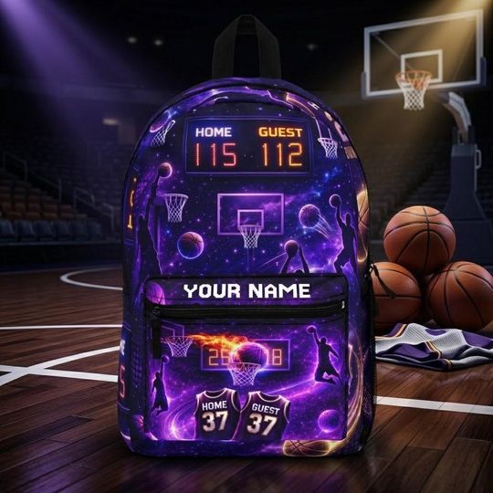 Discover Custom Basketball Backpack with Personalized Name and Neon Cosmic Court Design for Kids