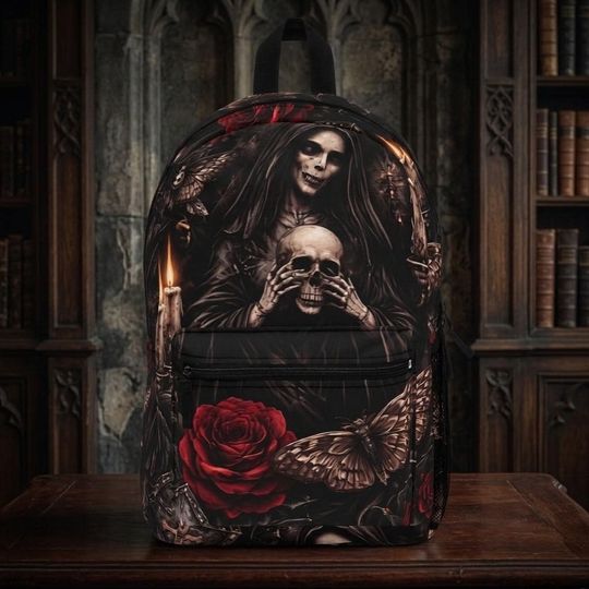 Discover Gothic Skull Backpack with Rose Design, Dark Aesthetic Backpack, Reaper School Bag, Alternative Fashion Backpack