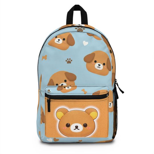 Discover Cute Puppy Pattern Backpack with Blue Dog Faces and Kawaii Bear Pocket
