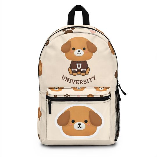 Discover Cute Puppy University Backpack with Dog Face and Paw Print Floral Design