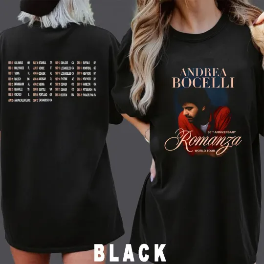 Discover Andrea Bocelli 2026 Tour Dates Romanza 30th Anniversary Unisex T-Shirt