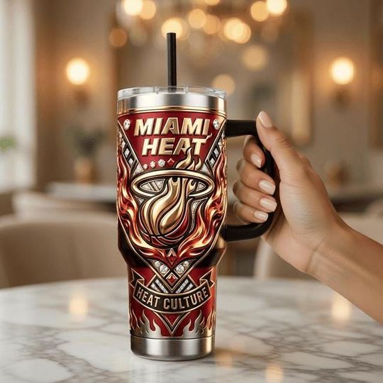Discover Miami Heat Stainless Steel Tumbler with Handle, Heat Culture Basketball Fan Travel Mug, 40oz Sports Coffee Cup Gift