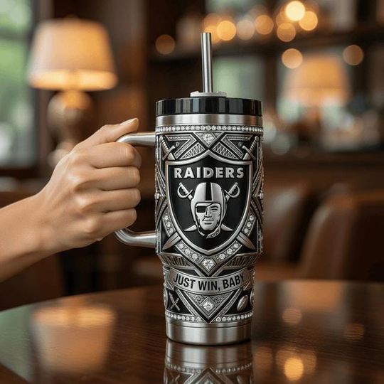 Discover Las Vegas Raiders Stainless Steel Tumbler with Handle, Just Win Baby Football Fan Travel Mug, 40oz Sports Coffee Cup Gift