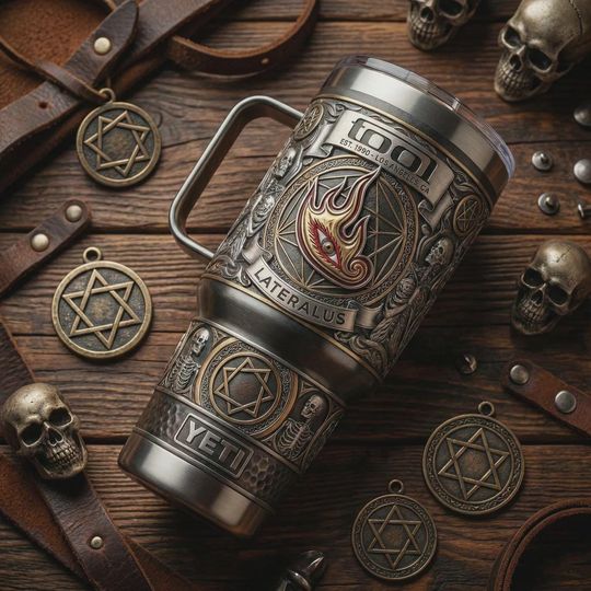 Discover Progressive Metal Fan Tumbler with Handle, Tool Inspired Music Mug, Stainless Steel Insulated Travel Cup, Metal Music Lover Drinkware