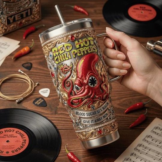 Discover Chili Pepper Rock Stainless Steel Tumbler with Handle, Spicy Aesthetic Travel Mug, Music Lover 40oz Coffee Cup Gift