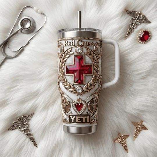 Discover Medical Cross Stainless Steel Tumbler with Handle, Healthcare Worker Travel Mug, Nurse Doctor 40oz Coffee Cup Gift