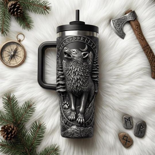 Discover Wolf Nordic Stainless Steel Tumbler with Handle, Viking Rune Travel Mug, Forest Animal 40oz Coffee Cup Gift