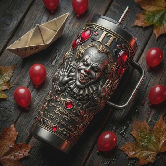 Discover Horror Clown Stainless Steel Tumbler with Handle, Spooky Halloween Travel Mug, Dark Aesthetic 40oz Coffee Cup Gift