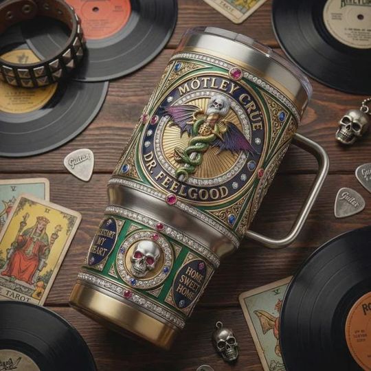 Discover Classic Rock Stainless Steel Tumbler with Handle, Vintage Music Travel Mug, Retro Style 40oz Coffee Cup Gift