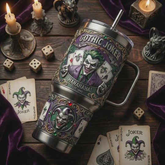 Discover Gothic Jester Stainless Steel Tumbler with Handle, Dark Circus Travel Mug, Joker Style 40oz Coffee Cup Gift