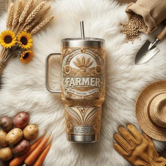 Discover Farmer Stainless Steel Tumbler with Handle, Country Life Travel Mug, Harvest Theme 40oz Coffee Cup Gift