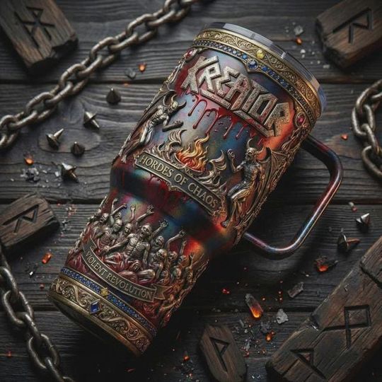 Discover Heavy Metal Stainless Steel Tumbler with Handle, Dark Fantasy Travel Mug, Rock Style 40oz Coffee Cup Gift