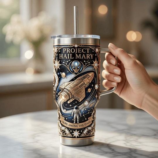 Discover Space Sci-Fi Stainless Steel Tumbler with Handle, Galaxy Travel Mug, Cosmic Adventure 40oz Coffee Cup Gift