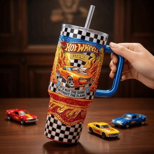 Discover Racing Car Stainless Steel Tumbler with Handle, Retro Speed Travel Mug, Automotive 40oz Coffee Cup Gift