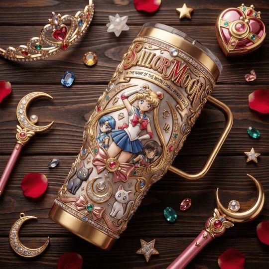 Discover Magical Girl Anime Tumbler with Handle, Moon Princess Inspired Mug, Stainless Steel Insulated Travel Cup, Cute Anime Fan Drinkware