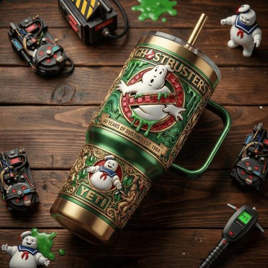 Discover Ghostbusters Stainless Steel Tumbler with Handle, 40 Years of Bustin Travel Mug, Retro Movie Fan 40oz Coffee Cup Gift