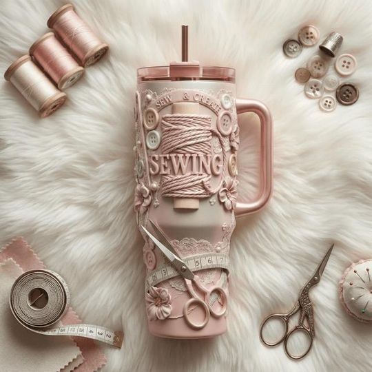 Discover Sewing Stainless Steel Tumbler with Handle, Craft Lover Travel Mug, DIY Aesthetic 40oz Coffee Cup Gift