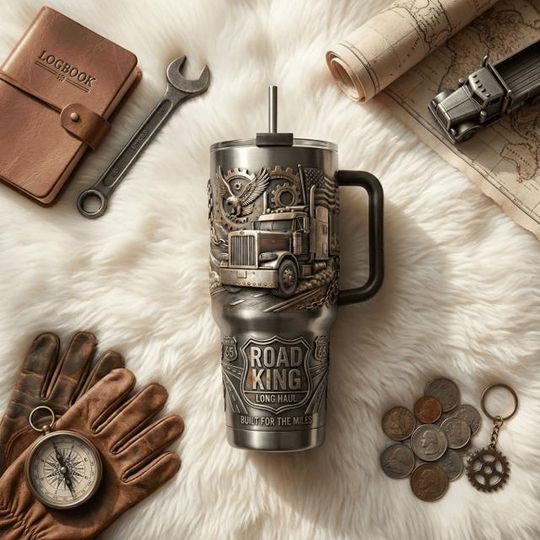 Discover Truck Driver Stainless Steel Tumbler with Handle, Road Life Travel Mug, Long Haul 40oz Coffee Cup Gift