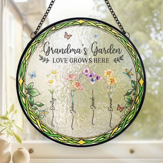 Discover Petals Whisper Her Kindness - Family Personalized Custom Stained Glass Window Hanging Suncatcher - Mother's Day, Gift For Mom, Grandma