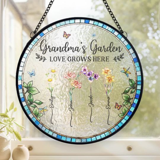 Discover Love Grows In Every Mother’s Heart - Family Personalized Custom Stained Glass Window Hanging Suncatcher - Mother's Day, Gift For Mom, Grandma