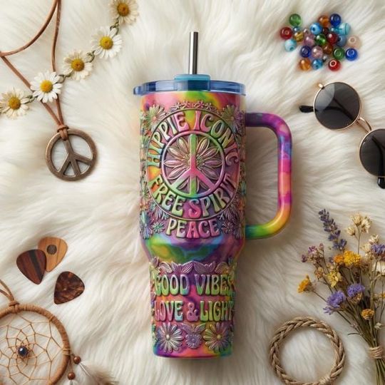 Discover Hippie Tie Dye Stainless Steel Tumbler with Handle, Peace Love Travel Mug, Boho Aesthetic 40oz Coffee Cup Gift